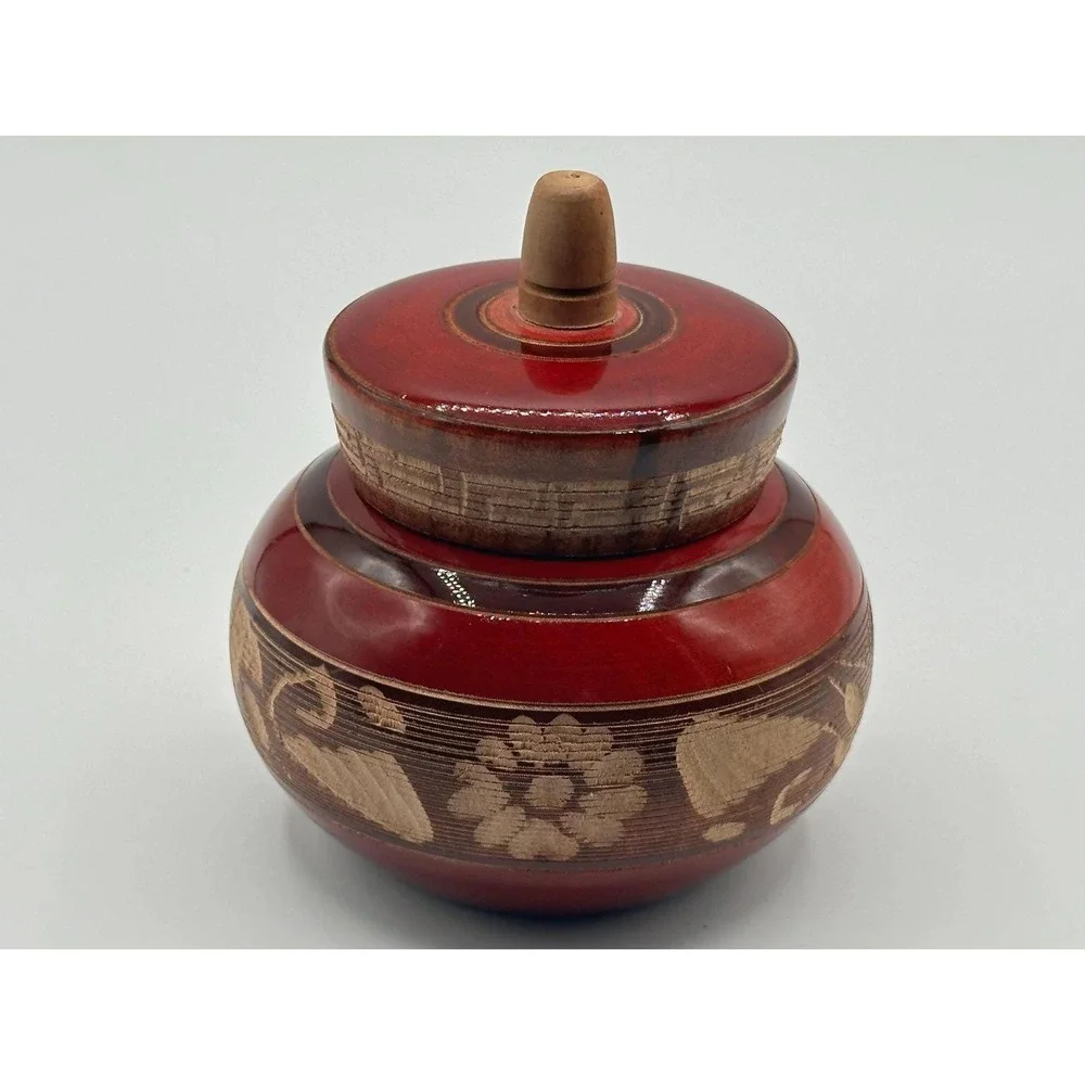 Vintage Mexican Hand Carved Red Wooden Round Trinket Box Cabo San Lucas